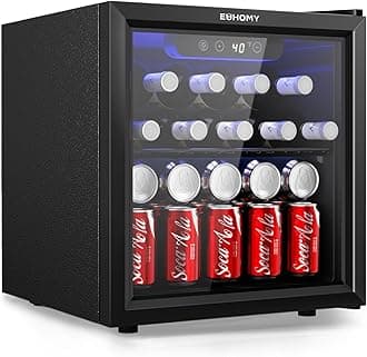 EUHOMY 48 Can Beverage Refrigerator cooler-Mini Fridge Glass Door for Beer Drinks Wines, Countertop Beverage Fridge with Adjustable Shelves Blue LED for Home/Office/Dorm/Bar, 1.3 cu.ft