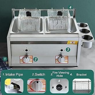 BTURYT Commercial Gas Deep Fryer 20L/30L Countertop Stainless Steel Kitchen Frying Machine Removable Baskets Lid, For French Fries Turkey Home Kitchen Restaurant