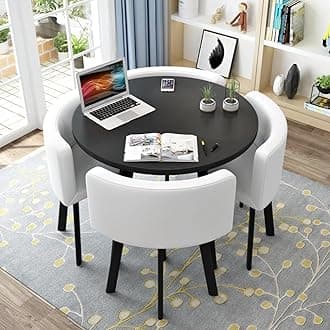 Round Kitchen Dining Table Set for 4, Space Saving Table and Chairs Set with Thick Tabletop 4 Upholstered Chairs, Dinning Room Modern Casual Coffee Table Set(D 31.5inch/80cm, PU White)