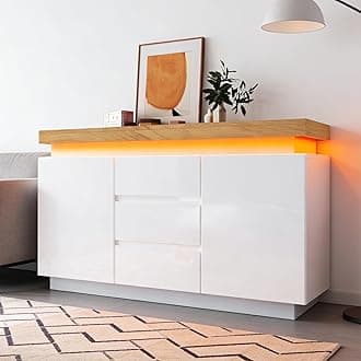 White High Gloss Sideboard with LED Lights, App-Controlled Cabinet with 2 Doors 3 Drawers, Modern Storage Unit for Living Room, Bedroom, Dining Room