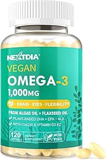 Vegan Omega 3 EPA DHA ALA Supplement + CoQ10, Vitamin D3 K2 (MK7) for Women Men | 1000mg Algae Oil as Fish Oil Alternative | Plant Based Omega 3 Mini Softgels for Bone, Brain, Eye, Skin | 120 Pills