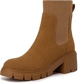 Athlefit Women's Chelsea Boots Fashion Slip on Platform Ankle Boots Lug Sole Chunky Booties