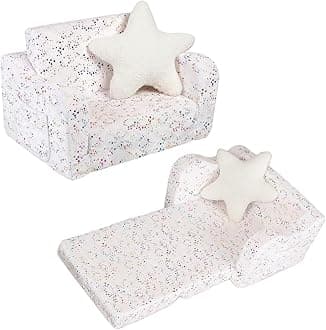 MOMCAYWEXShiny Star Toddler Couch, 2-in-1 Toddler Soft Couch Fold Out with Star Pillow, Convertible Sofa to Lounger for Girls and Boys, 1-Seat