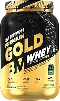 Bigmuscles Nutrition Premium Gold Whey [1Kilogram] Informed Choice Uk Certified Isolate Whey Protein Blend 25G Protein 11G Eaa Prohydrolase Enzyme Technology [Cafe Latte].., 37 Grams