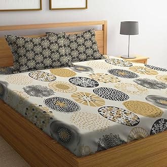 LOOMLYFE 300 TC Cotton Feel Glace Cotton Elastic Fitted Printed King Size Double Bed Bedsheet with 2 Pillow Covers Fits Upto 8 inches Mattress, Size- 72X78 Inches, BeigeDots
