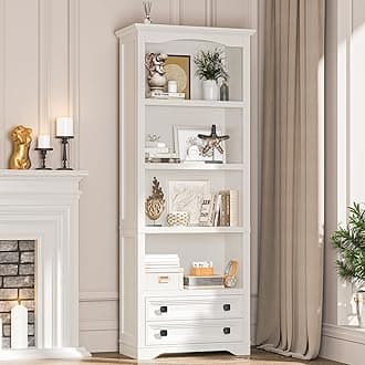White Bookcase with 4-Tier Open Shelves and 2 Drawers, Tall Bookcase Storage Shelves for Home Office, Living Room, Study