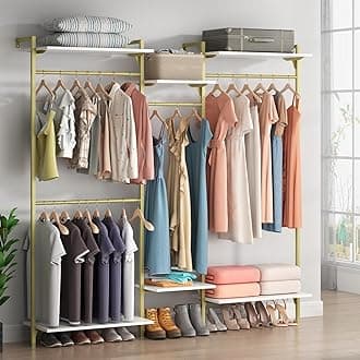 Gold Wall-Mounted Closet System, Adjustable Closet Organizer and Storage, Clothes Rack with 4 Hanging Rods, Clothing Rack with 6-Tier Shelves, Heavy Duty Garment Rack