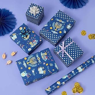 WERNNSAI Hanukkah Wrapping Paper - 1 Roll 17” x 33 ft Chanukkah Gift Wrap Roll Reversible the Star of David Candles Menorahs Design Chanukah Celebration Gift Decoration Blue Gift Favor