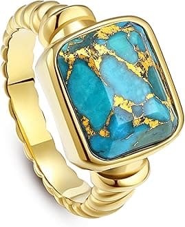 Women's 14K Gold Plated Statement Rings Emerald Cut Teal Turquoise/Rose Quartz Crystal/Spiny Oyster Turquoise Signet Ring Stainless Steel Chunky Gold Rings Size 5-10