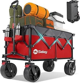 220L Wagons Carts Foldable with Big All-Terrian Beach Wheels, Collapsible Heavy DutyWagon with Cup Holders, Extra Large Folding Wagon,Foldable Wagon for Camping, Garden, Sports.Red&Grey