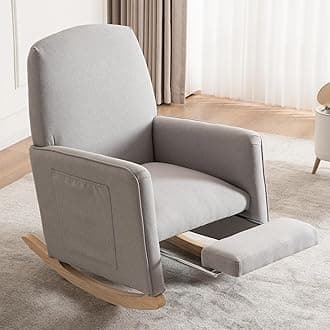 FOXHUNTER Rocking Chair Nursery with Adjustable Footrest and High Backrest, Upholstered Glider Chairs with Side Pockets for Nursery, Rocker Armchair Indoor for Living Room,Light Gray