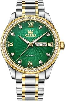 Green Quartz Watches for Men Big Dial Analog Wrist Watch Easy Read Roman Numeral Mens Silver Gold Stainless Steel Strap Watches with Date Water Resistant Luminous Hands Diamond Watch Men