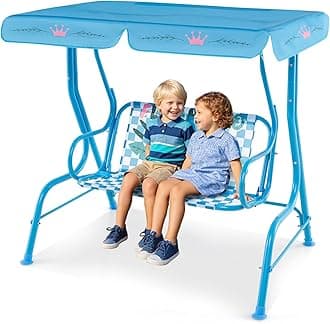 Costzon Kids Porch Swing, All-Weather Patio Swing Bench Hammock w/Adjustable Canopy & Safety Belts for 2 Children, Outdoor Swing for Backyard Garden Balcony Poolside (Blue, Flamingo)