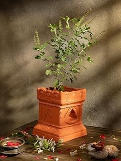 Village Decor Handmade Terracotta Brindavan tulsi Pot with Drainage Hole at Bottom|Height-8.5 inch