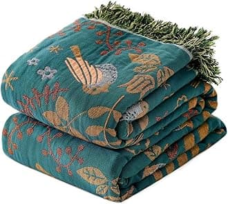 Boho Throw Blanket for Couch 100% Cotton Soft Birds and Floral Double Embroidery Breathable Spring Throw Blankets,50"x60" All Season Reversible Throws for Sofa Chair Livingroom Home Decor