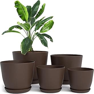 Utopia Home Plant Pots Indoor with Drainage - Pack of 5 Decorative Flower Pots for Indoor Plants - Brown Plastic Planters for Indoor Plants, Flowers, Cactus, Succulents Pot
