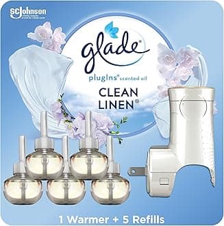 Glade Plugins Scented Oil Starter Kit, Plug in Air Freshener & Refills, Clean Linen, 1 Warmer + 5 Refills, 3.35 Fl Oz, Pack of 5