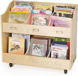 GuidecraftMobile Book Organizer - Wooden Rolling Bookshelf and School Supply Cart with Casters and nameplate labels - Classroom Storage Furniture