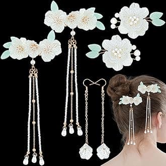 Aswewamt 3 Pair Flower Pearl Barrettes Earring Tassel Hair Pin White Vintage Flower Duckbill Hair Clips Kawaii Kimono Pearl Floral Bride Wedding Hair Accessories for Women