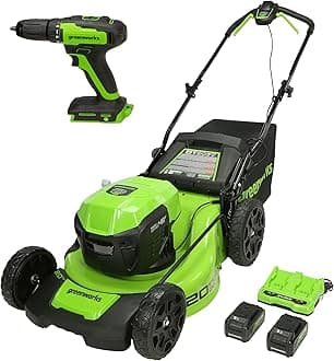 Greenworks 48V (2 x 24V) 20" Brushless Cordless Push Lawn Mower + 24V Brushless Drill/Driver, (2) 4.0Ah USB Batteries (USB Hub) and Dual Port Rapid Charger Included