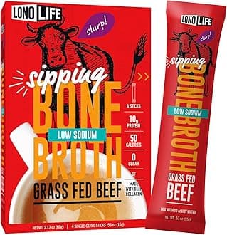 LonoLife Low Sodium Beef Bone Broth Powder Mix | Grass-Fed, 10g Protein | Collagen-Rich, Keto & Paleo Friendly | Natural Ingredients | 24 Portable Stick Pack Servings
