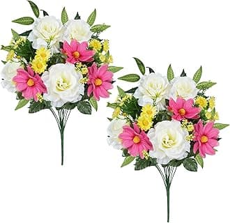 2 Bundles Fake Flowers Cemetery Flowers for Grave 18.5" White Roses Bouquet Mixed Cosmos Daisy Artificial Flowers for Outdoor Indoor Garden Home Silk Floral Arrangements for Wedding Table Centerpiece
