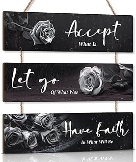 KAIRNE Black Flower Wall Decor Motivational Words Hanging Sign Rose Flowers Accept Let Go Have Faith Quotes for Girls Women Living Room Inspirational Quotes Wall Plaque for Office Bathroom