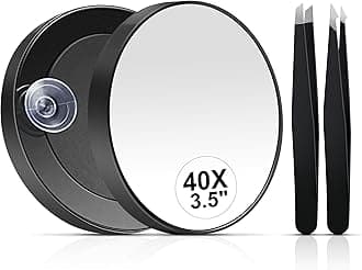 – 40X Magnifying Mirror, Small Magnifying Mirror with Suction Cup and Tweezers, As a Travel Essentials, Compact Mirror Set for Plucking Eyebrows 3.5 Inches