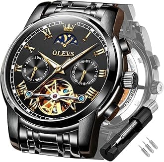 Men Automatic Watch Skeleton 5 Hands Mechanical Classic Luxury Multi Calendar Stainless Steel Waterproof Wrist Watch for Men