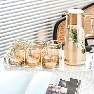 bellemax Italian Premium Water and Juice Glasses Set of 6 and Brown Jug Set Combo,(6 Pieces Glasses 200ML and 1 Water Juice Jug 1.8 Liter) Glass and JugS Set for Dining Table (Modern)