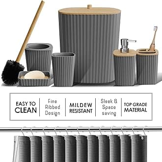 Clara Clark Bathroom Accessories Set - Bathroom Accessory Set with Shower Curtain Set, Toilet Brush, Trash Can & Soap Dispenser (Grey, Complete Set)