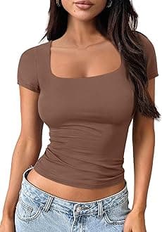 Trendy Queen Double Lined Short Sleeve Tshirts for Women Square Neck Cute Crop Top Spring Summer Basic Tees Workout Going Out