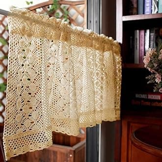 Rustic Boho Curtain Valance for Kitchen Window Farmhouse Handmade Crochet Curtain Tiers for Coffee Decor Room Divider Rod Pocket Hollow Short Lace Curtains for Bathroom Closet 1 Panel W78 X L24 Inch