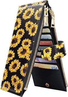 Womens RFID Blocking Large Capacity Wallet Multi Card Organizer Bifold Wallet for Women with Zipper Pocket, Sunflower, Large, Casual
