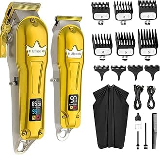 Ufree Hair Clippers for Men Professional, Metal Barber Clippers and Trimmers Set, Cordless Hair Cutting Kit with LCD Display, Beard Hair Trimmer, T Liners Edgers Clippers, Gifts for Men, Gold