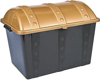 Fun Express Large Plastic Toy Treasure Chest - Premium Classroom Storage Prize Box for Teachers | Pirate-Themed Reward Container with Secure Lid | Black & Gold Design | 19" x 11.5" x 11" Capacity