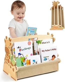Toddler Bookshelf Double-Sided with 4 Tier Deep Sleeves Kids Wooden Montessori Book Rack for Baby Nursery Room, Playroom, Classroom or Bedroom Bookcase Storage Organizer, Light Wood Giraffe