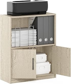 Furino Bookcase, Color Box, Gruen, 2-Tier Open Shelf, Metropolitan Pine with 2-Door Storage Cabinet