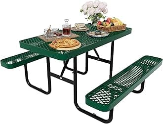 4FT Rectangular Metal Picnic Table for Outdoors, Commercial Steel Metal Picnic Tables, Heavy Duty Sturdy Picnic Tables Furniture Set for Patio Garden Courtyard BBQ, With Umbrella Hole, Green