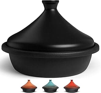 Moroccan Tagine, Enameled Cast Iron Cooking Pot, Tajine with Ceramic Cone-Shaped Closed Lid, 3.3 QT (Matte Black)