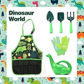 Kids Gardening Set – Gardening Tools for Kids with Watering Can, Shovels, Rake, Gloves & Apron – Planting Outdoor Activity Garden Toy Set for Girls & Boys Ages 3-7 (Dinosaur)