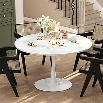 42 Inch Round Dining Table, White Marble Tulip Table with 0.71" Thickness & Metal Pedestal Base for 4-6 People