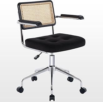 Zesthouse Modern Home Office Chair Velvet Desk Chair with Natural Rattan Back, Vanity Chair for Girls Women, Upholstered Tufted Swivel Armchair, Height Adjustable Computer Task Chair, Black