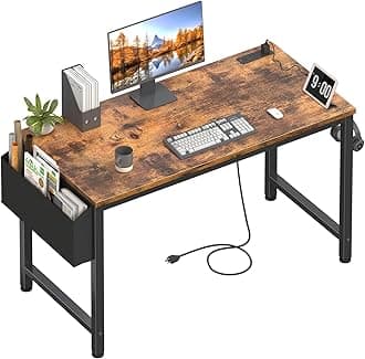 Computer Desk with Power Outlet, 47 inch Teen Study Table Home Office Work Writing Gaming Desks with Charging Station Outlets Built in, Brown