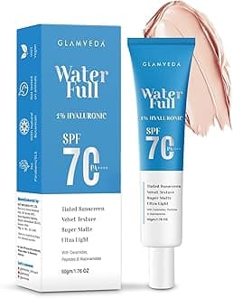 Water Full 1% Hyaluronic Tinted Sunscreen SPF 70 PA++++ With Ceramides | No White Cast | Velvet Texture | Super Matte & Ultra Light | Broad Spectrum Protection | For All Skin Types | For Women and Men | 50g
