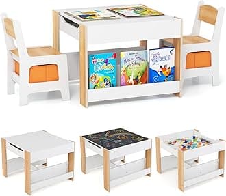 Costzon Kids Table and Chairs, 4 in 1 Wooden Activity Desk Set w/Reversible Tabletop, Bookshelves & Storage Drawers for Drawing, Reading, Crafts, Playing, Toddler Table and Chair Set (Natural)