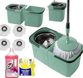 *NEW* SWISSPACKDIRECT Revolving Spin Mop and Bucket With .4. Extra Pads Perfect For Easy Cleaning. Clean and Dirty Water Separtered For Perfect Finish (ORANGE-GREY) (GREEN-2)