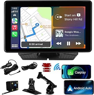 Apple Carplay Screen for Car, 7" HD Wireless Portable Touchscreen Car Stereo Android Auto with Voice Control, Backup Camera, Mirror Link, Bluetooth, GPS Navigation
