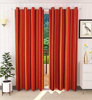 RANGBHAR Handloom Cotton Semi Sheer Curtain For Windows With Eyelets, Striped, Red, 4 X 5 Ft, Pack Of 2, Suitable For Living Room, Bedroom, Home Decoration