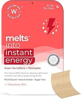 Melts Instant Energy, 100% Plant Based Green Tea Caffeine, Essential Electrolytes and Vitamins for Endurance, Sports Hydration, Pre Workout Energy Boost - 30 Oral Thin Strips